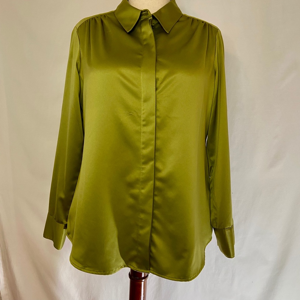 Coldwater Creek Satin Green Shirt w/ Concealed Placket & Metal Buttons on Cuff
